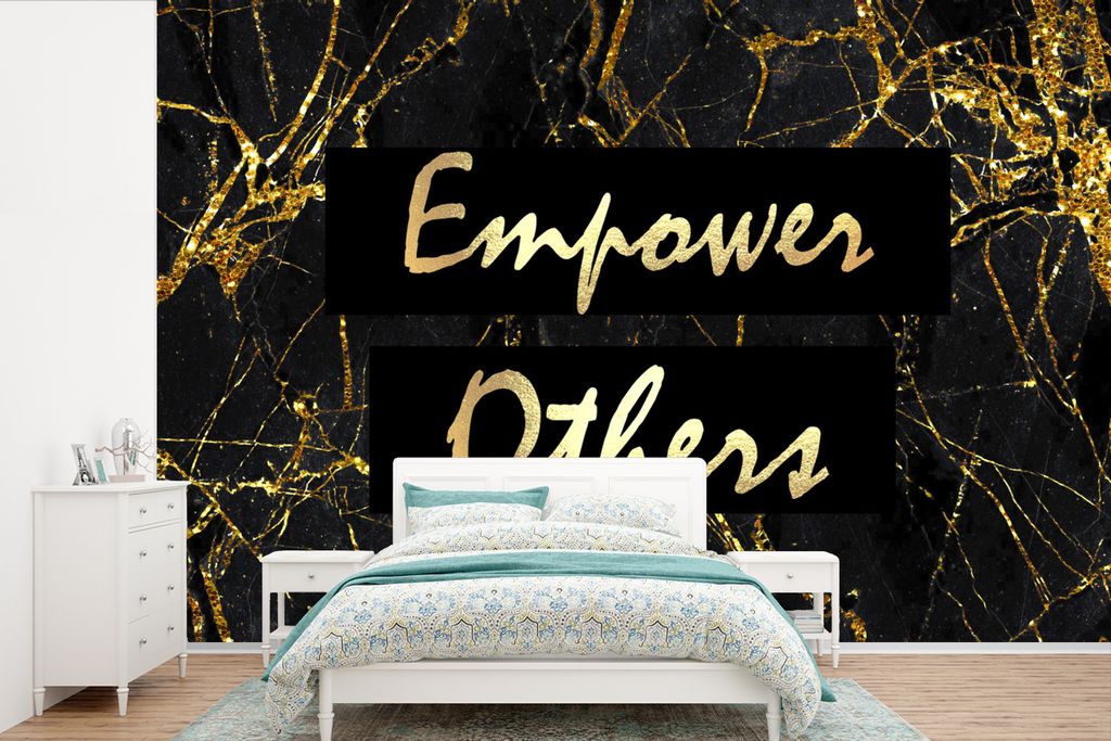 MuchoWow Fototapete für Wohnzimmer oder Schlafzimmer Wandtapete Vinyl Motivtapete Zitat - Macht - Gold - Marmor - 600x400 cm - Vinyltapeten