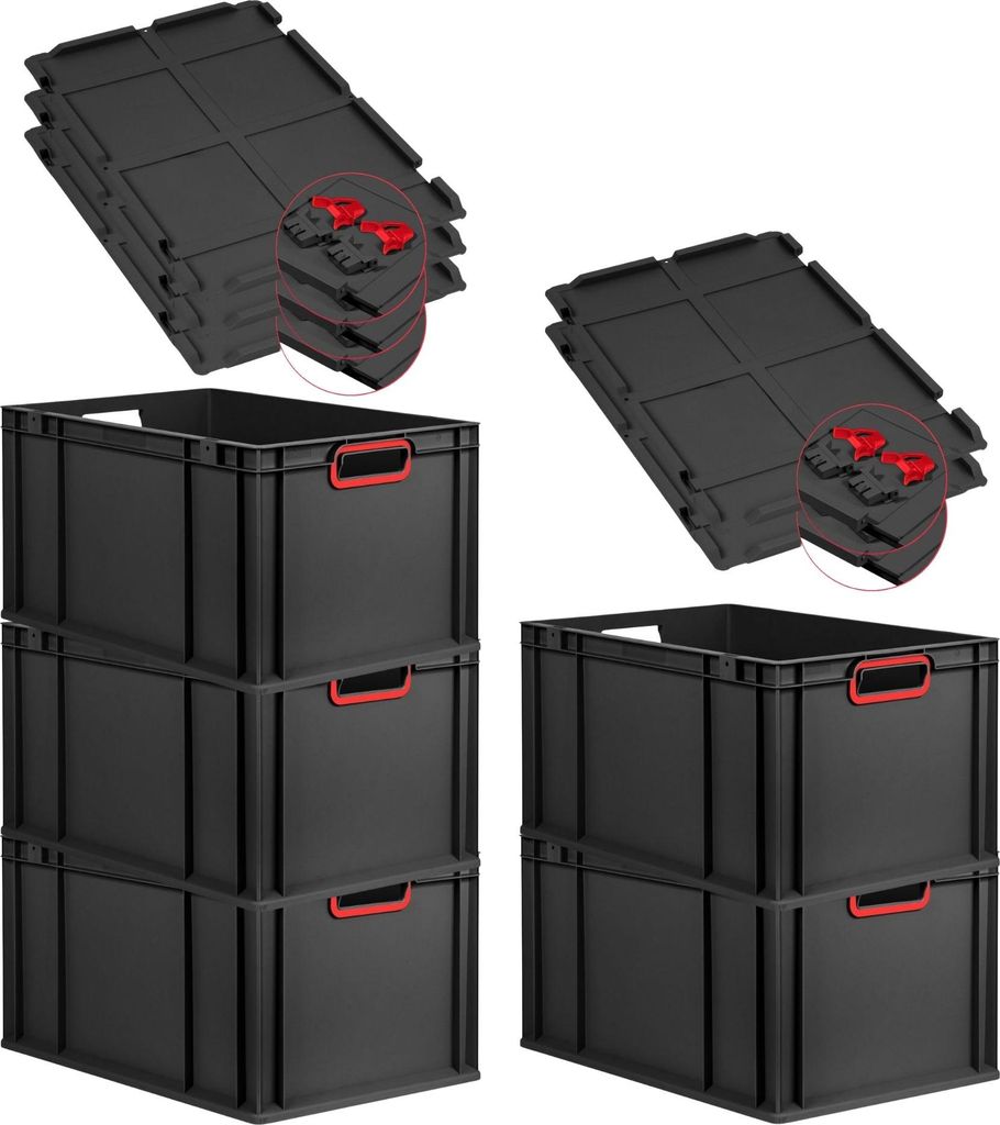 SuperSparSet 5x Eurobox NextGen Color mit Scharnierdeckel und Schiebeschnappverschlüssen | HxBxT 32x40x60cm | 65 Liter | Schwarz | Griffe rot offe...