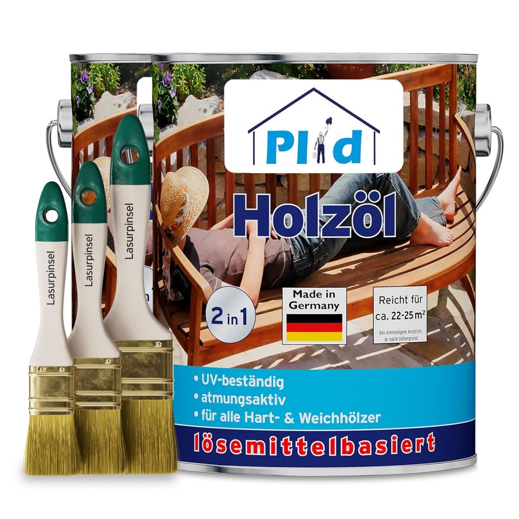Plid Holzöl 5L Douglasie für ca. 50m² + Pinselset 3-tlg– Holzschutz & Pflegeöl, Imprägnierung für Gartenmöbel, Terrassen, Zäune & Außenb...