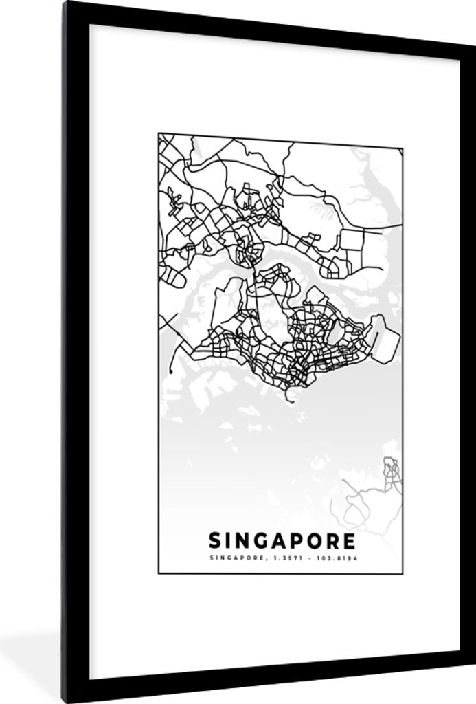 MuchoWow Gerahmtes Poster Singapur - Karte - Stadtplan - Schwarz und weiß 60x90 cm - Poster mit Schwarzem Bilderrahmen Wandposter Rahmen Foto Bi...