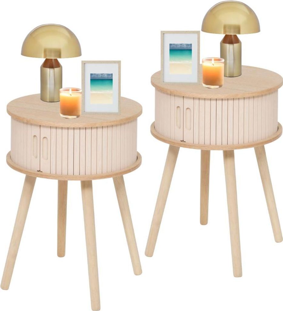 "MISOU Nachttisch mit Schublade Rund Modern Holz Schlafzimmer Beistelltisch Neutral mit Türen Beige MDF"