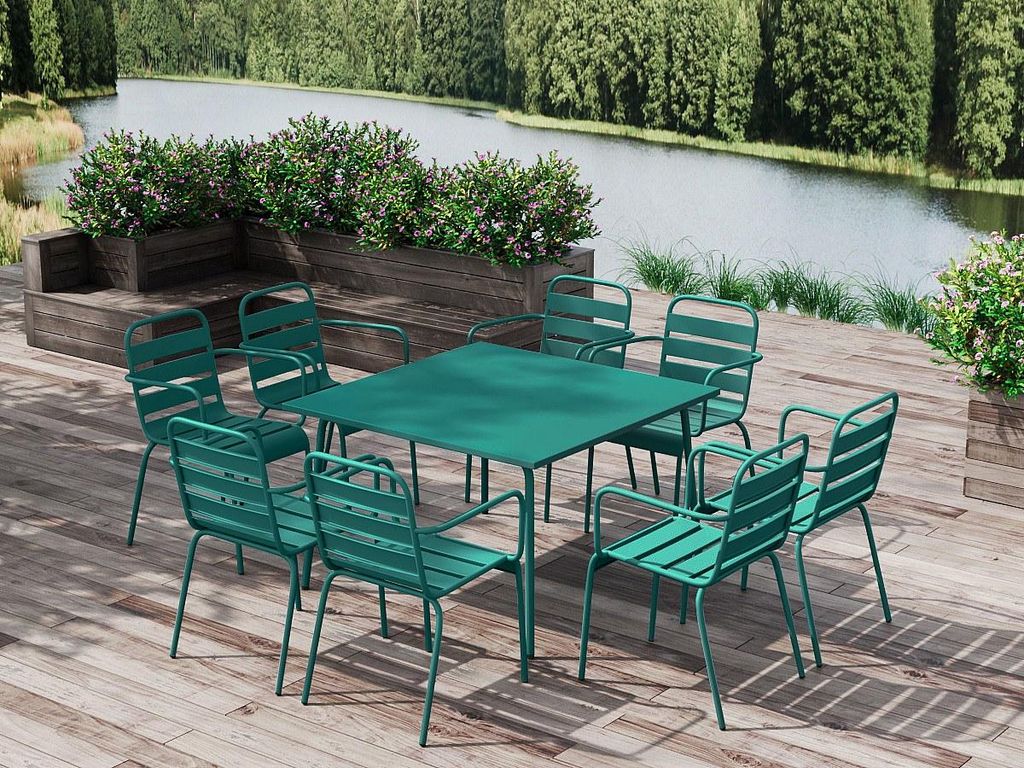 Gartenmöbel-Set aus Metall für den Essbereich – Tisch mit einer Länge von 120 cm und 8 stapelbaren Stühlen – Meerblau – MIRMANDE der Mark...