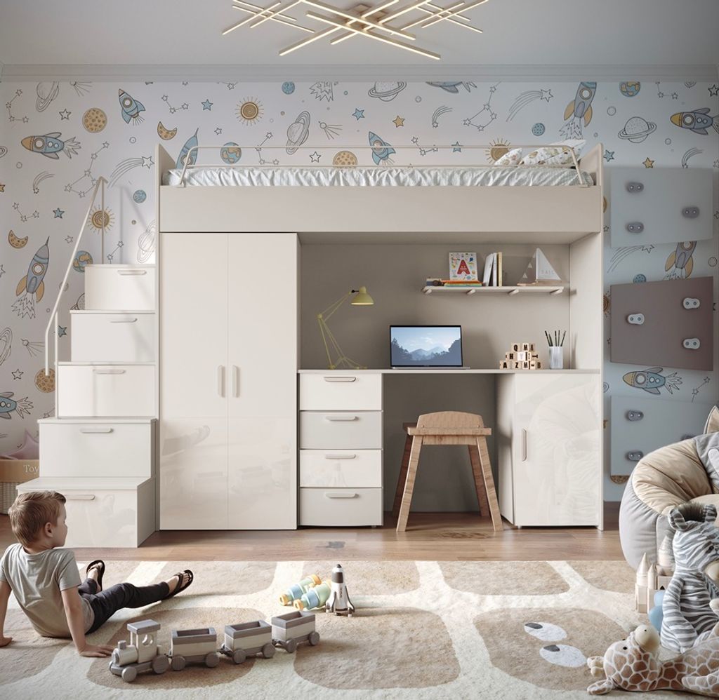 Etagenbett FELIX 4S, Hochglanz Kinderbett, Hochbett, OHNE Matratze und Lattenrost (Kaschmir + Weiß, Glanz)