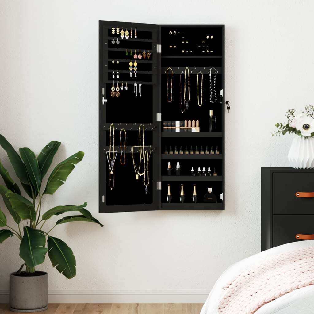 "im Angebot" Schmuckschrank mit Spiegel Wandmontage Schwarz 37,5x10x106 cm - Wandspiegel CC16143