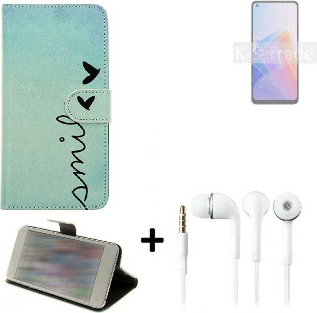 K-S-Trade Schutz Hülle Handy Hülle kompatibel mit Oppo A96 5G 360° Wallet Case Schutz Hülle ''smile'' inkl. Ohrstöpsel Smartphone cover Flipstyle