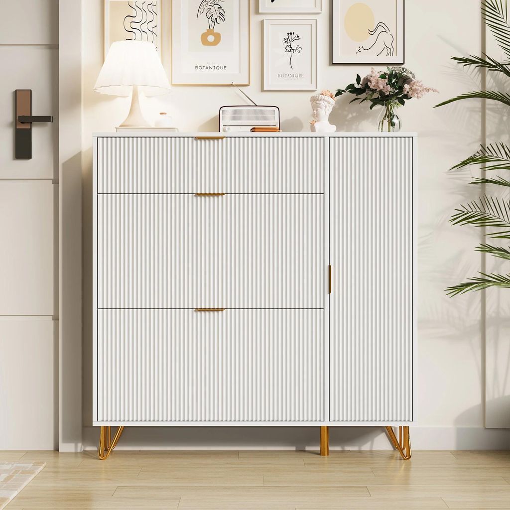 Schuhschrank - Modell B mit 2 Kippfächern - Platzsparend Schmal - Für Flur/Diele - Kippsicherung - Holz - Weiß