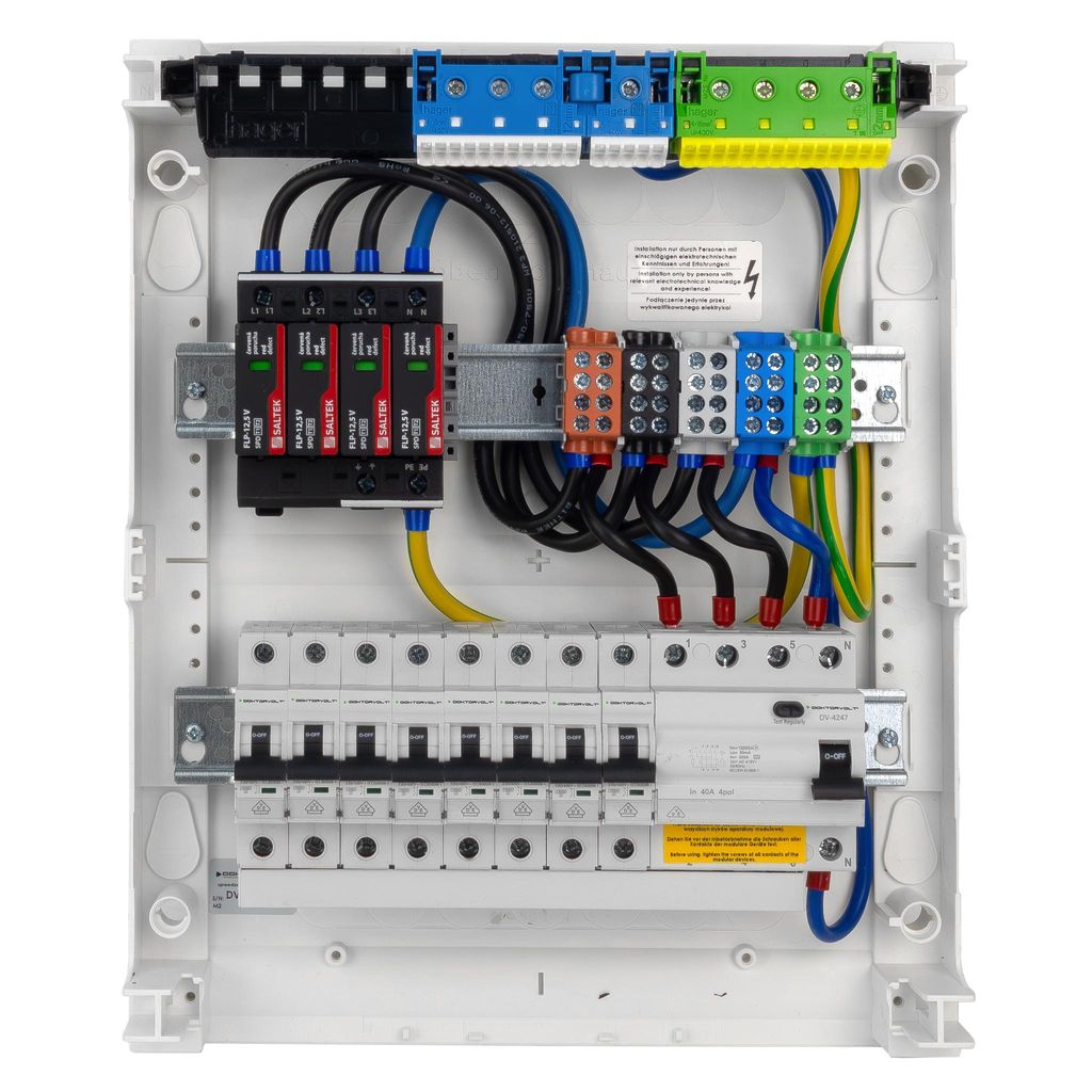 Sicherungskasten Hager Aufputz Verteilerkasten 2x12 Module 8xMCB 1xRCCB VDE Überspannungsschutz verdrahtet Verteilerschrank Sicherungen 370x305x96...