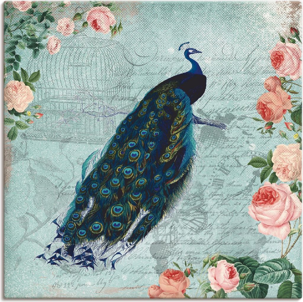 ARTland Leinwandbild Vintage Rosen und Pfau Illustration Größe: 70x70 cm