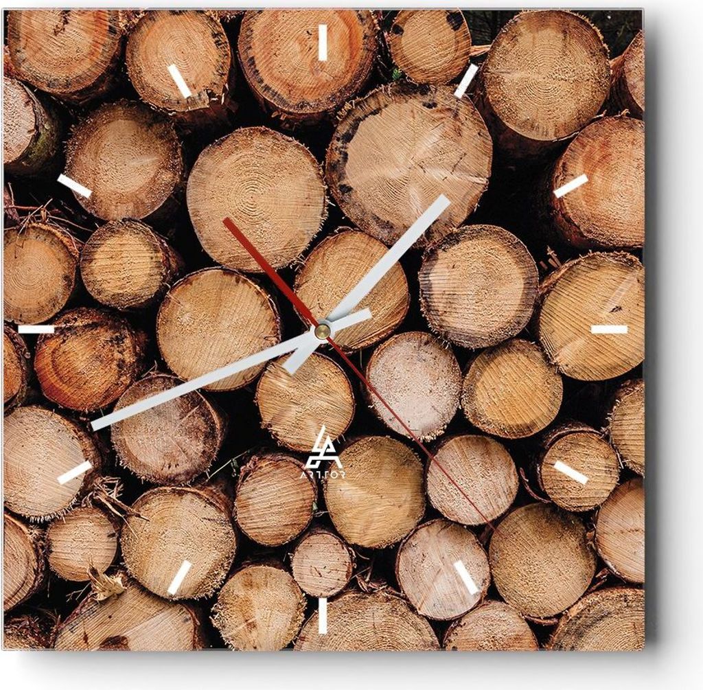 Wanduhr - Quadrat - Glasuhr - Holz Baumstämme Stämme - 40x40cm - Schleichendes Uhrwerk - Lautlos - zum Aufhängen bereit - Dekoration Modern - Wa...