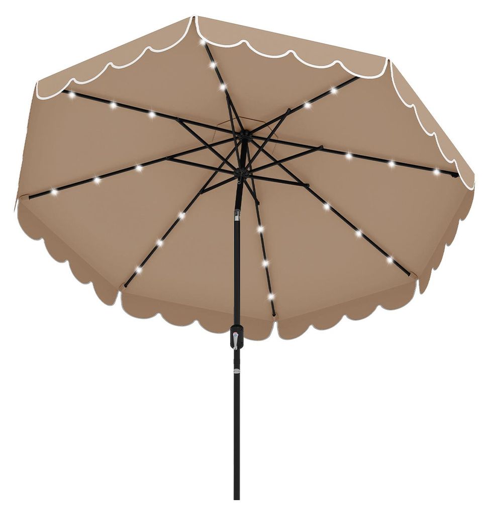 KOMFOTTEU Sonnenschirm Ø300 cm mit 24 LED-Lichtern, Terrassenschirm mit Kurbel & Volant, Gartenschirm 35°knickbar, Marktschirm für Garten, Terra...