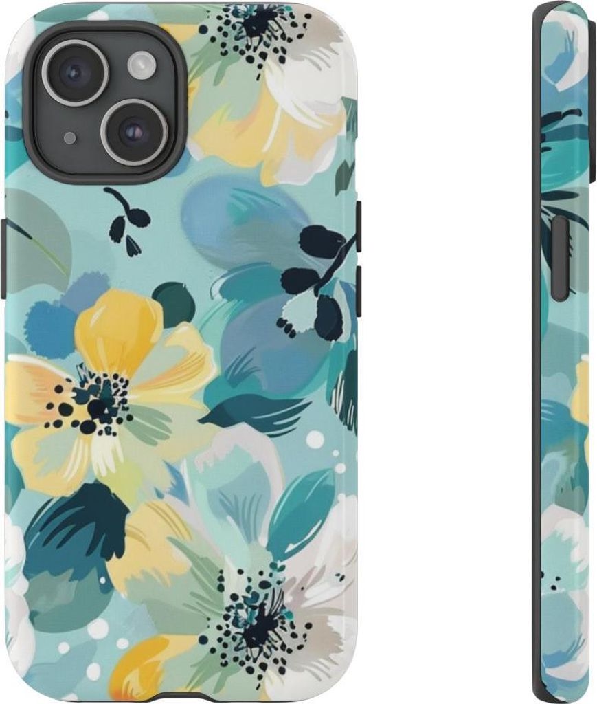Türkises Blumenmuster mit Punkten – Hülle Kompatibel mit iPhone 15