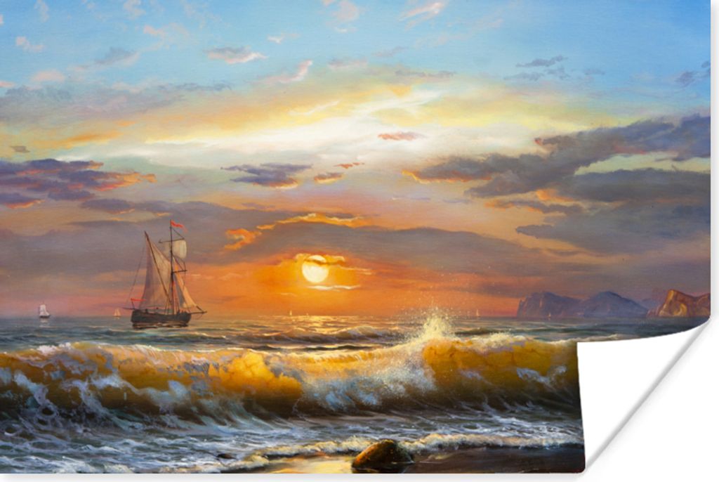 MuchoWow Poster Malerei - Wasser - Segelboot - Ölfarbe 180x120 cm - Fotoplakat