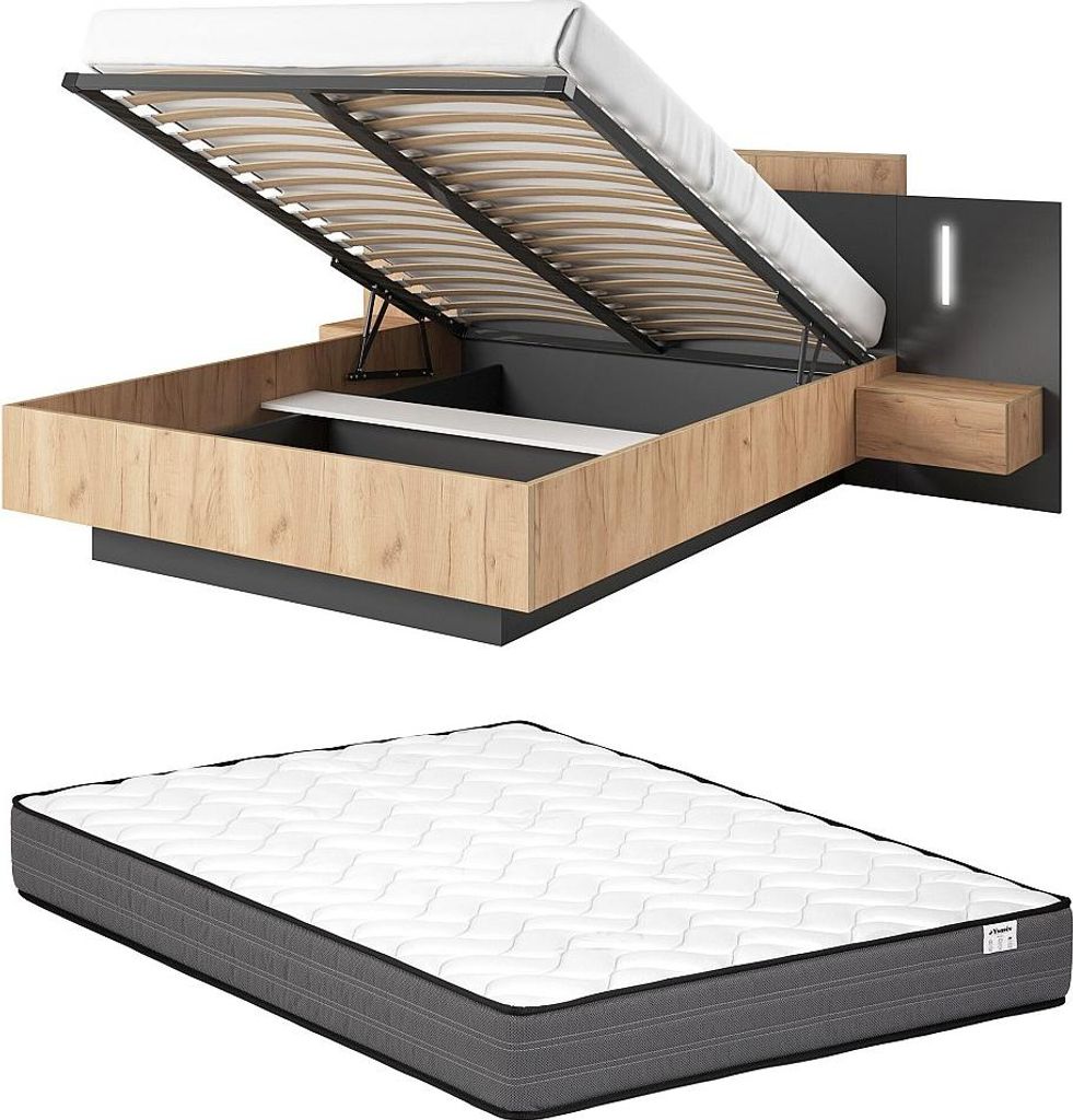Bett mit Kommode und Nachttischen 160 x 200 cm - 2 Schubladen - Mit LED-Beleuchtung - Farben: Natur und Anthrazit + Matratze - FRANCOLI