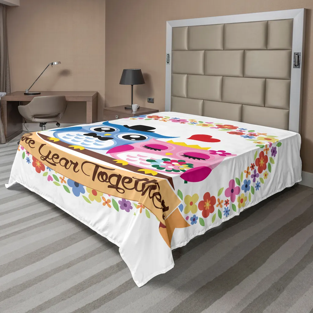 ABAKUHAUS Drap Plat Anniversaire Hiboux en Fleurs 275 x 260 cm Multicolore