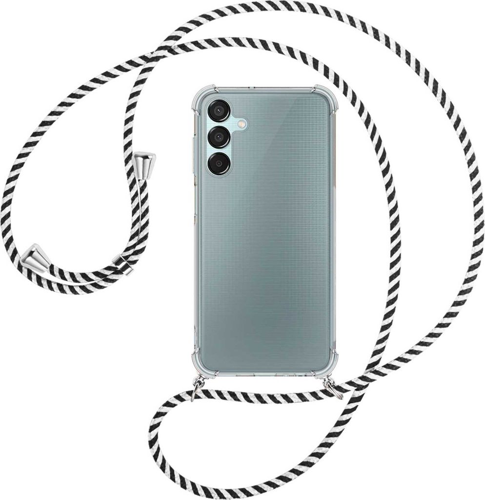 Handykette Backcover-Schutzhülle mit Band (Metall silberfarben) für Samsung Galaxy M15 / F15 5G - schwarz/weiß gestreift