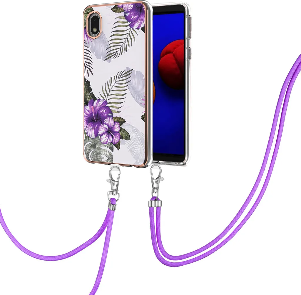 Custodia con cinturino per Samsung Galaxy A01 Core, custodia in TPU a fantasia con cinturino regolabile Viola