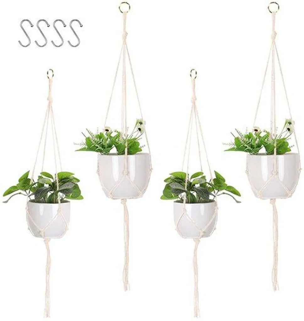 Suspension Plante Macramé Beige Lot de 4 Porte-Pots Déco Intérieure
