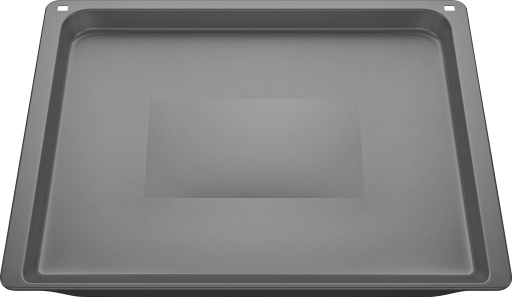 A top-down view of a gray baking tray.