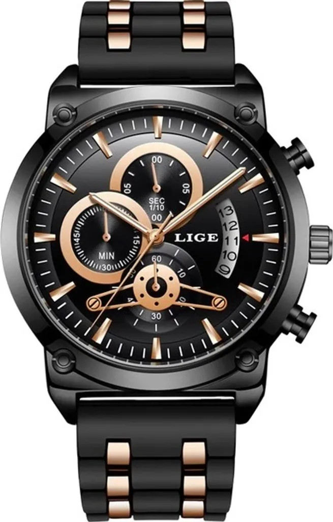 Montre LIGE Troy Homme Noir et Or Rose KP23705 - Design Élégant et Luxe