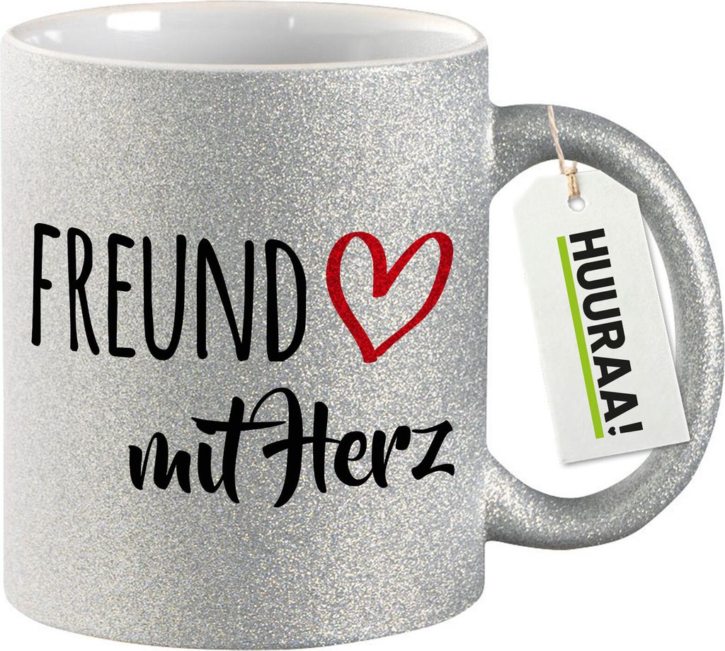 Huuraa Glitzer Tasse Freund mit Herz Geschenk 330ml Silber Freund Präsent