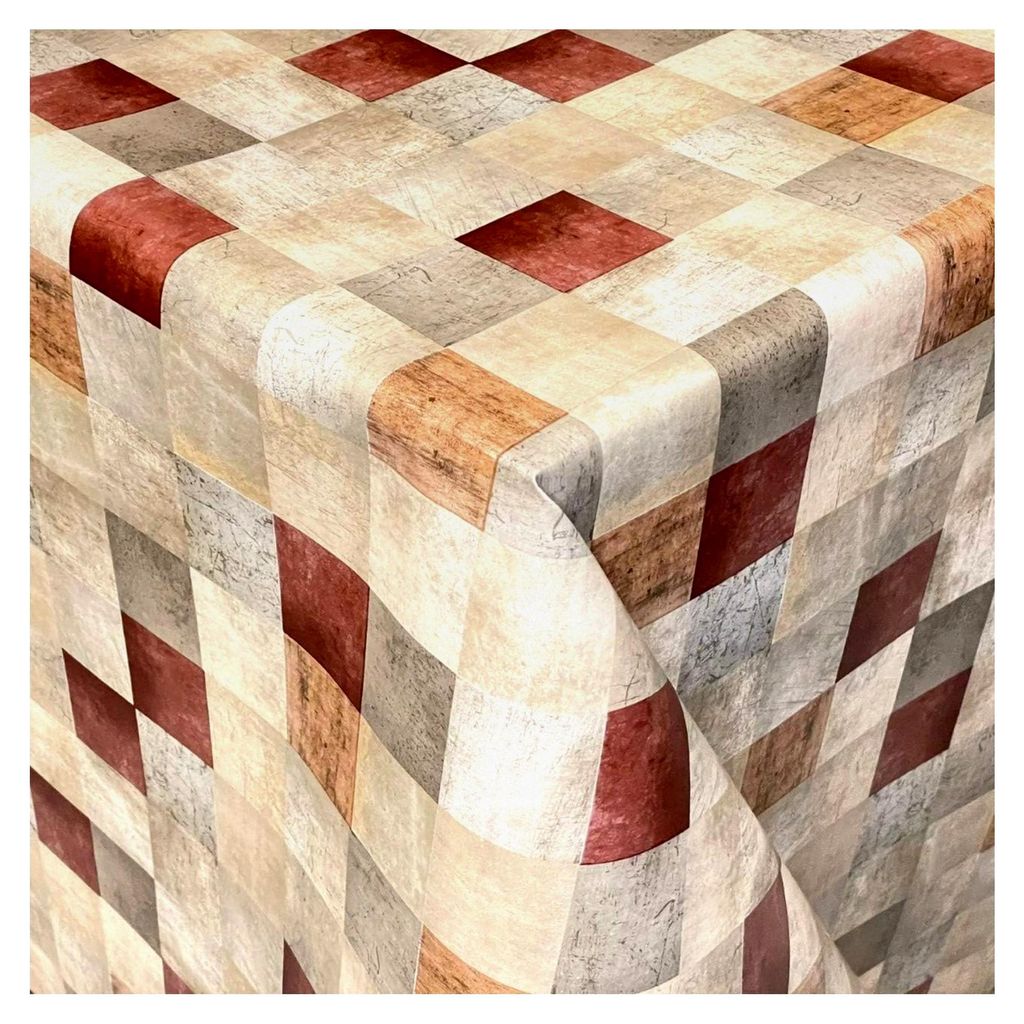Wachstuch Tischdecke kariert Würfel Quadrat beige rot grau eckig rund oval (Rand: Schnittkante, 120 x 160 cm eckig)