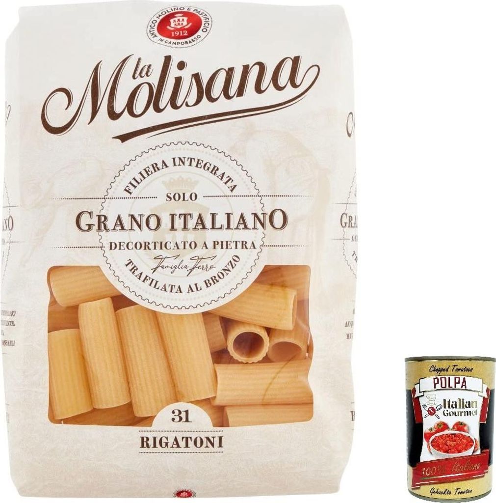 20x La Molisana Rigatoni N. 31 Pasta Lenta Lavorazione Teigwaren aus Hartweizengrieß Bronze-Zeichnung 500g + Italian Gourmet Polpa 400g
