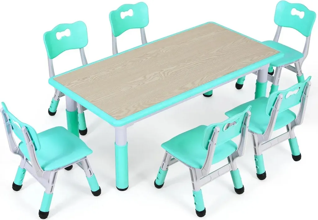 Table Enfant Réglable 48-60cm avec 6 Chaises Vert Clair Composite Bois