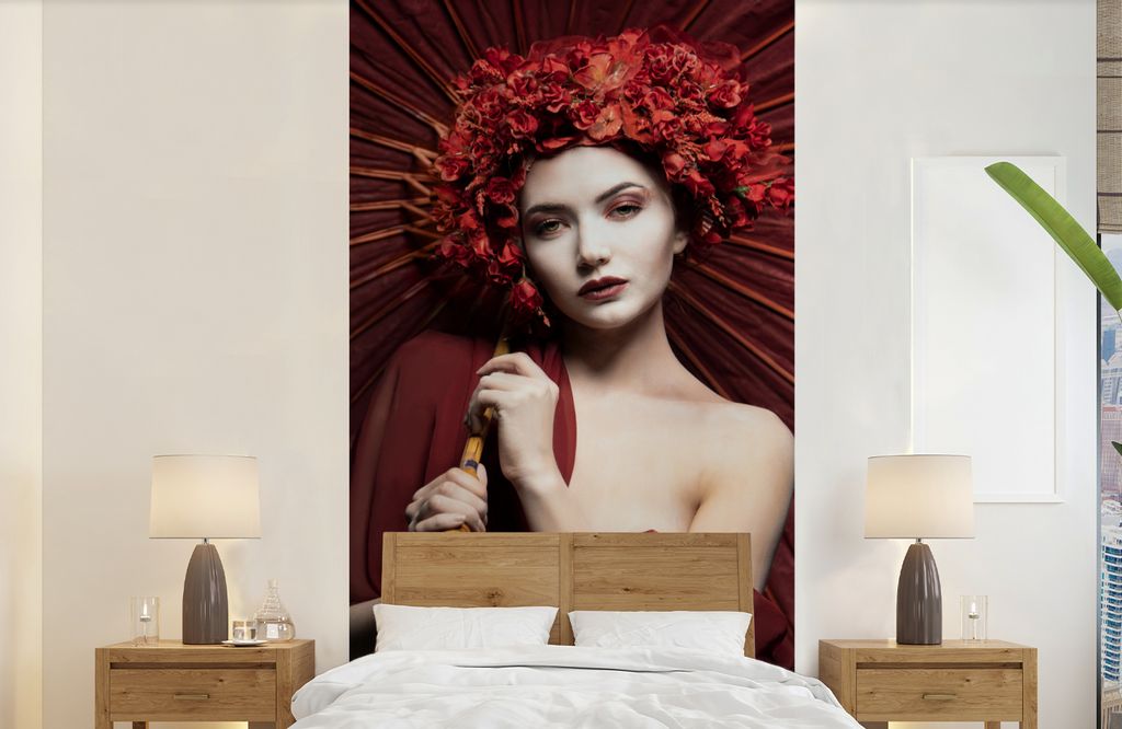 MuchoWow Fototapete für Wohnzimmer oder Schlafzimmer Wandtapete Vinyl Motivtapete Frau - Rot - Porträt - Regenschirm - 120x240 cm - Hintergrund...
