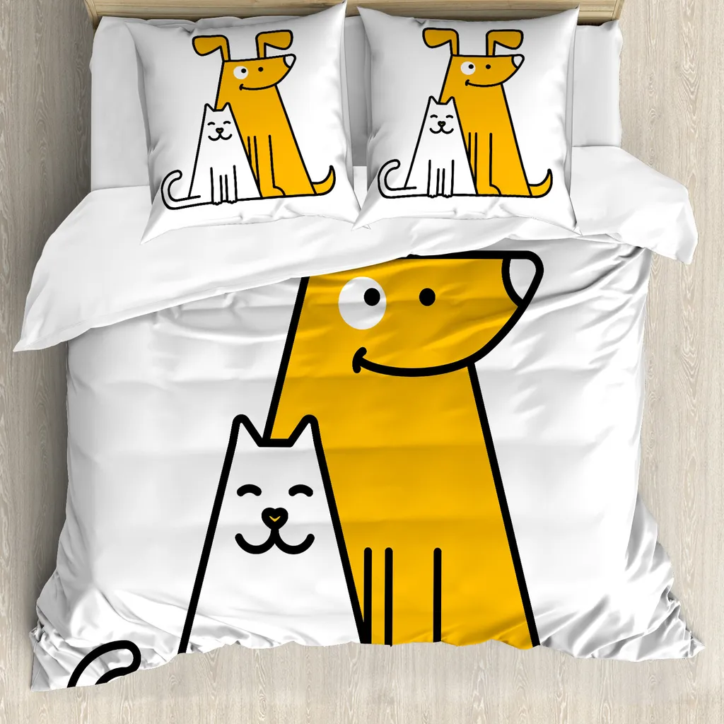 Housse de couette ABAKUHAUS Chats et Chiens 155x220cm avec taies d'oreiller