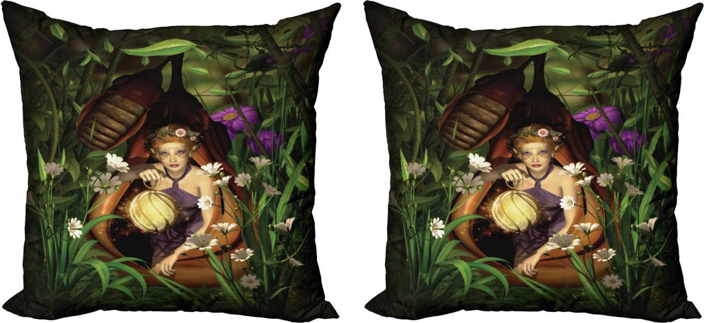 ABAKUHAUS Prinzessin Kissenbezug Set (2Stück), Elf mit Green Lantern, doppelseitiges Digitaldruckdekor mit Reißverschluss, 50 cm, Grün Braun