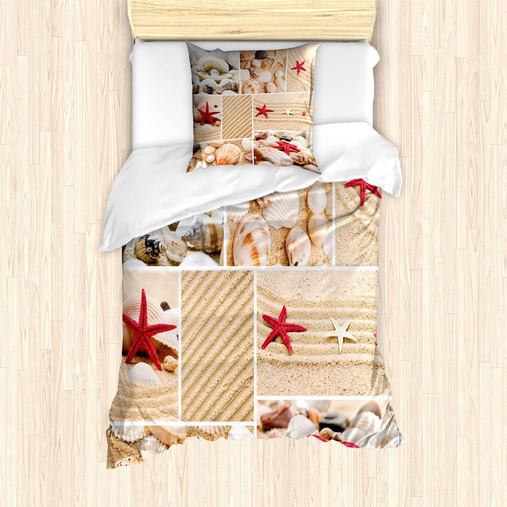 ABAKUHAUS Tropisch Bettbezug Set, Collage Makrofotos von Muscheln Perlen Kiesel und Seestern auf Sandy Beach, 135 x 200 cm + 80 x 80 cm, Mehrfarbig