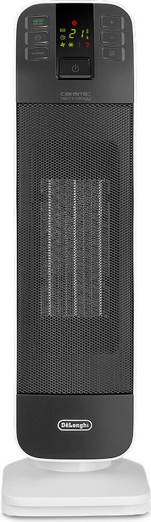 A black and white De'Longhi ceramic fan heater with a digital display and remote control, shown on a white base against a white background.