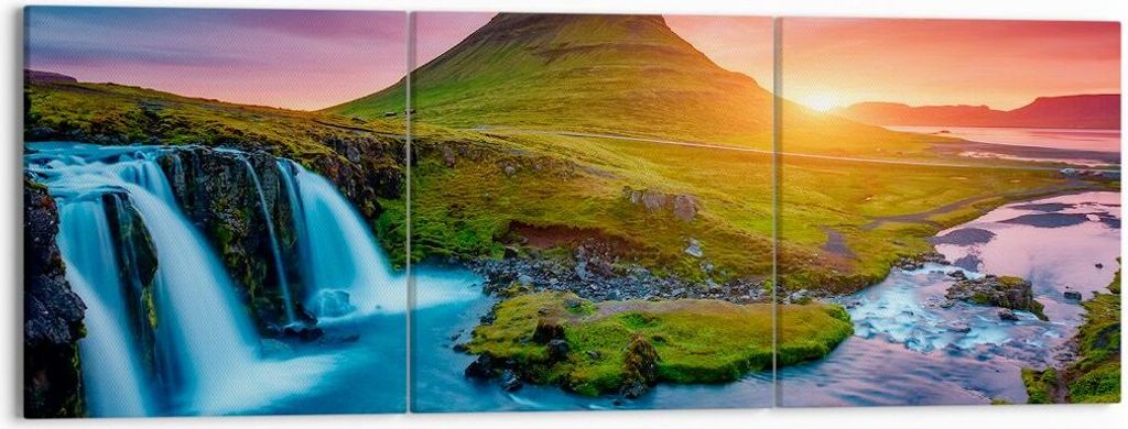Bild auf Leinwand - Leinwandbild - Sonnenuntergang Wasserfall Island Vulkan - 150x50cm - Wand Bild - Wanddeko - Leinwanddruck - Bilder - Kunstdruck...