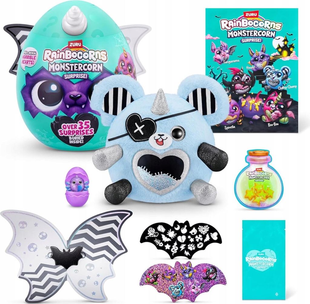 A collage of ZURU Rainbocorns Monstercorn surprise toys and accessories.