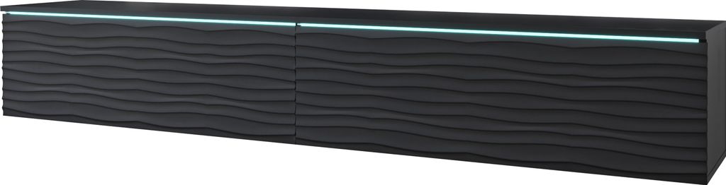 Minio, TV-Schrank, TV-Lowboard Donna 180 cm, stehend, hängend, MDF Front, Muster: Welle, LED, Graphit Schwarz Farbe