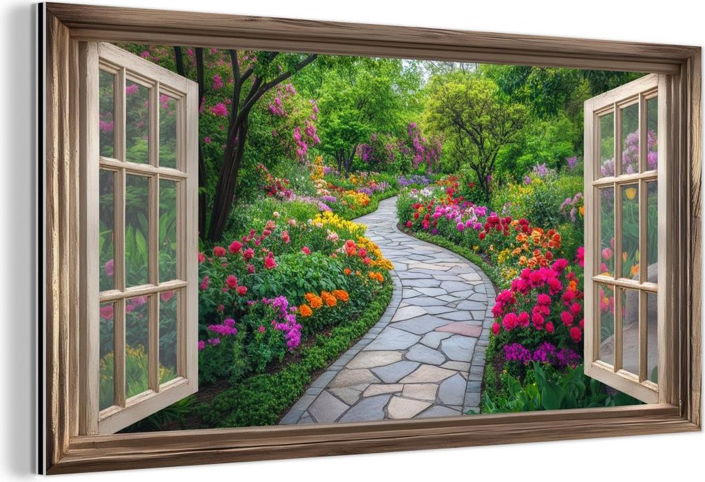 MuchoWow Wanddekoration Metall Metallbild Wandkunst 120x60 cm Aussicht - Blumen - Gartenweg - Natur - Fenster MuchoWow Aluminium Gemälde - Metalbi...