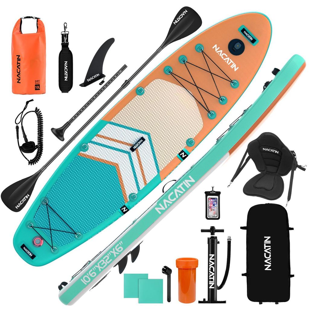 NACATIN Aufblasbares SUP Board 10'6" für Erwachsene, mit Kajaksitz, Paddel, Pumpe, Rucksack & Tasche, Hellorange