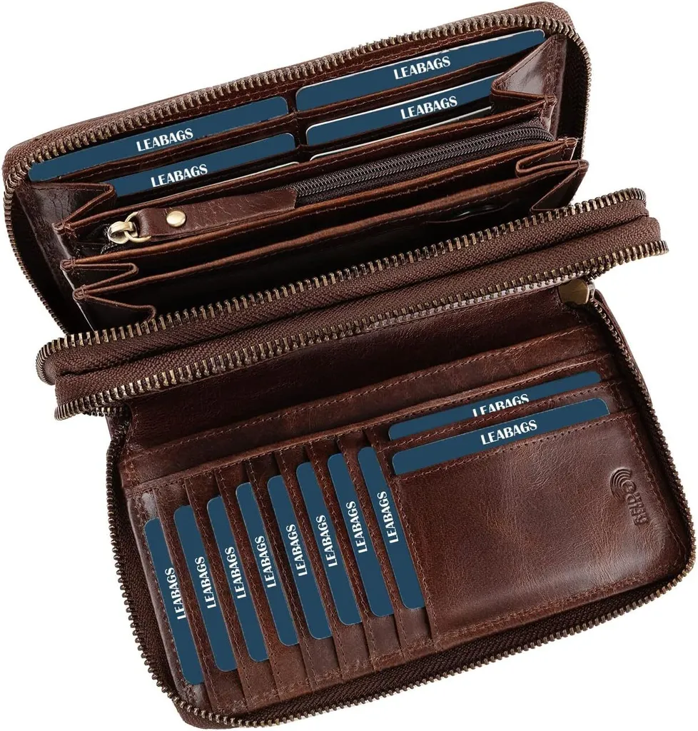 LEABAGS portafoglio in pelle da donna - Portafoglio XXL con protezione RFID, in vera pelle, 29 scomparti per carte, tasca per monete, doppia zip, dimensioni: 20x12x4 cm