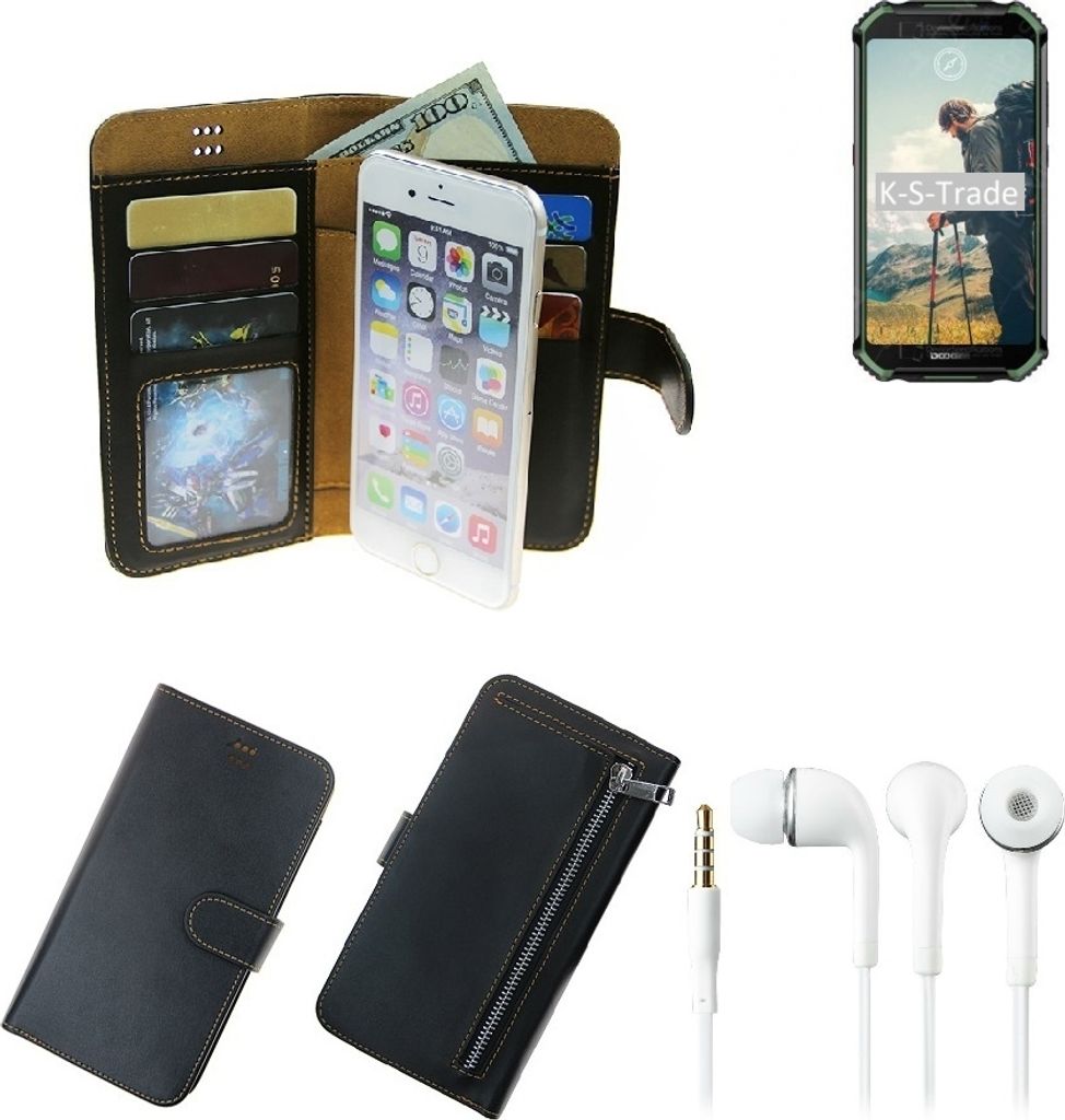 TOP SET Portemonnaie Schutz Hülle kompatibel mit Doogee S40 schwarz aus Kunstleder + Kopfhörer Walletcase Smartphone Tasche vollwertige Geldbörse