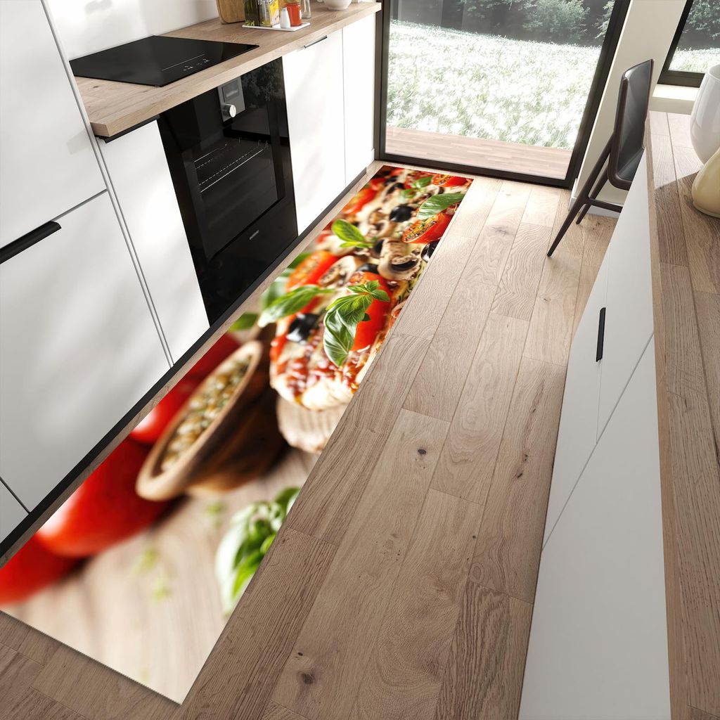 Küchenteppich 60x300cm rutschfest & abwischbar PVC Läufer - Pizza im Holzofen