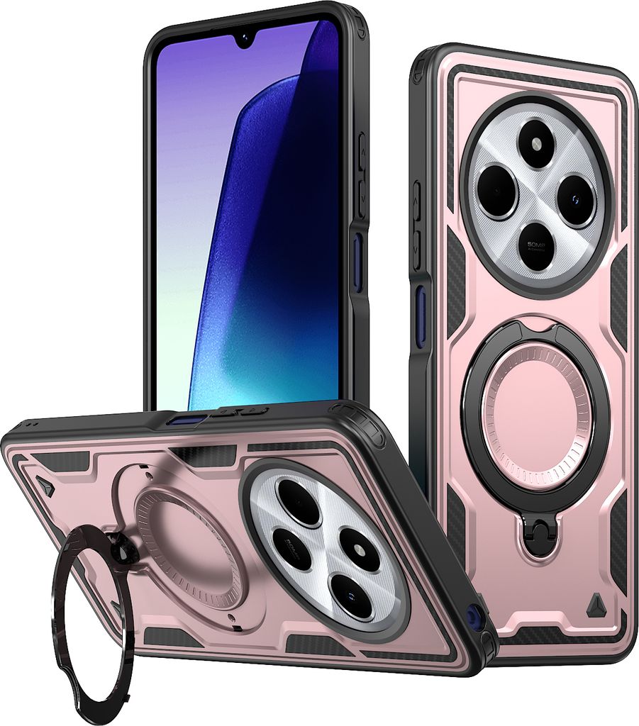Dual Layer Hülle für Xiaomi Redmi 14C Metall Ring Ständer Magnetisch Stoßfest Militär Handyhülle Roségold