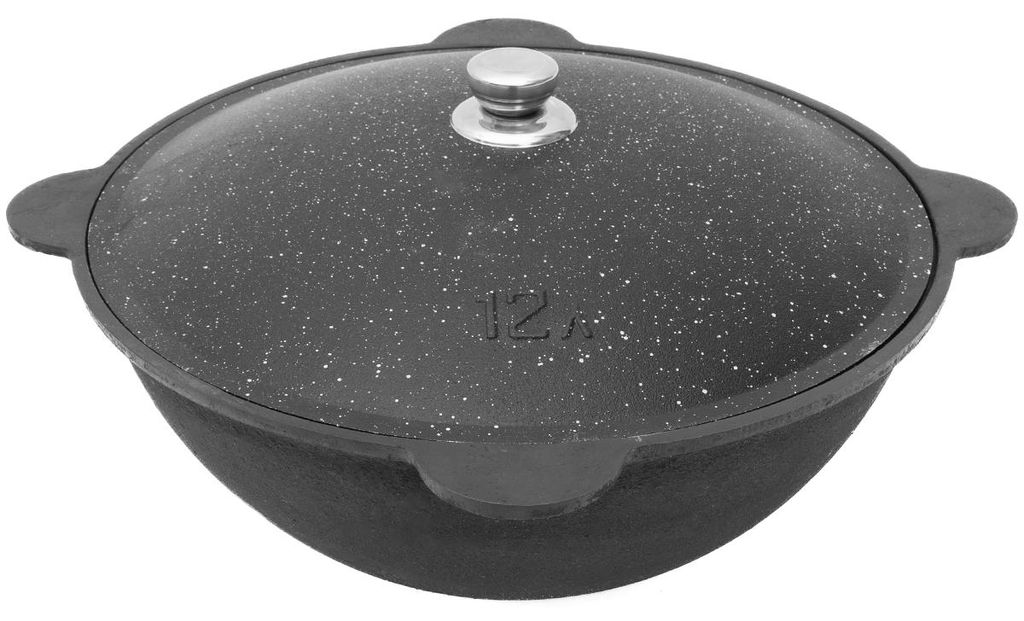 FlameFusion Kazan 12 Liter Topf mit rundem Boden aus Gusseisen mit Deckel, für Utschak geeignet, Outdoorküche Gulasch Kanone Kasan