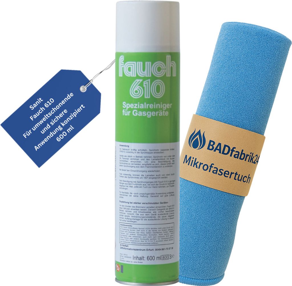 BADfabrik24 Fauch 610 Spezial-Reiniger Nr. 8060 für Gas-Durchlauferhitzer, Dose 600 ml + Mikrofasertuch