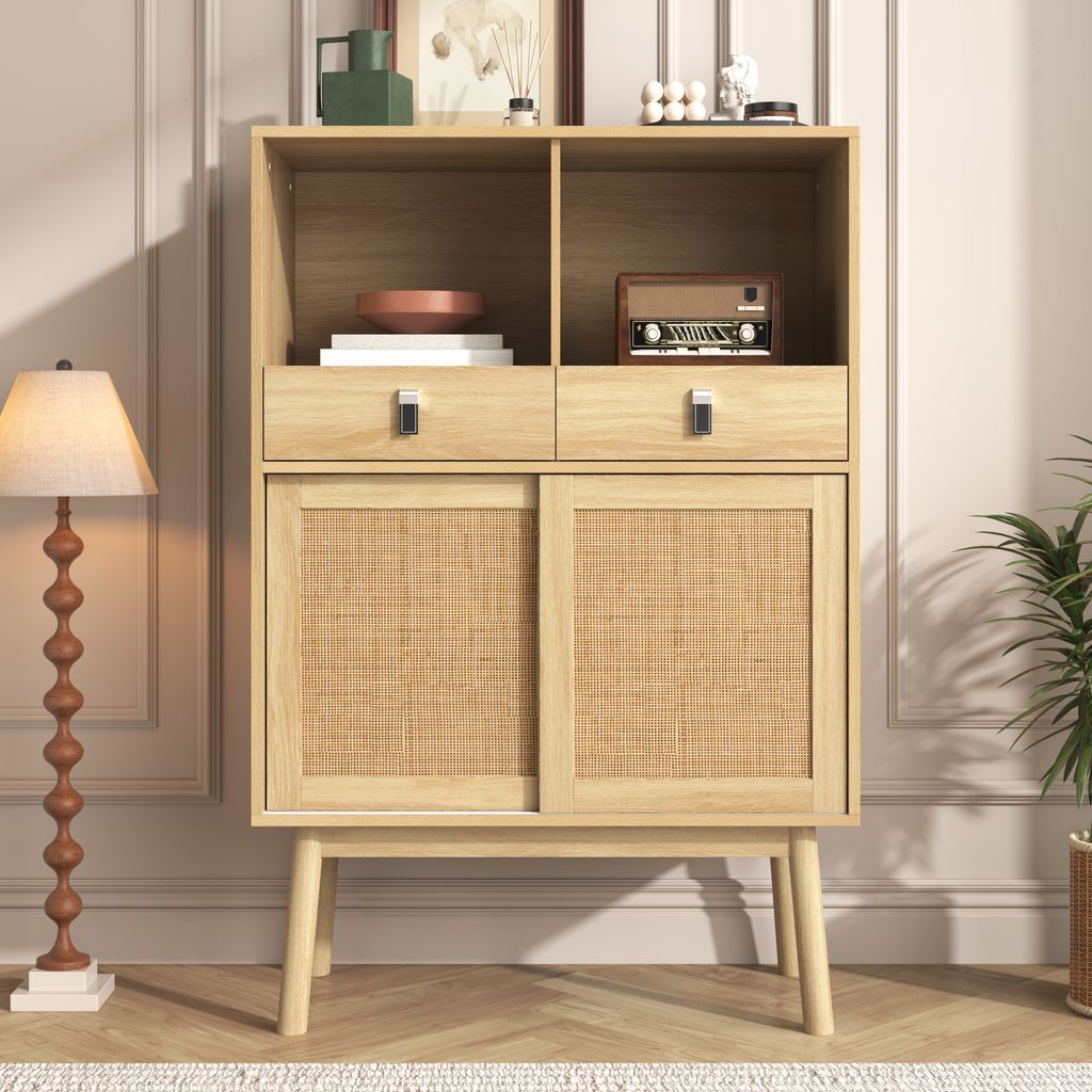 AIORBER Kommoden, Rattantüren, zwei Schubladen, offenes Fach, 28 cm hohe Beine, robust und langlebig, für Küche, Wohnzimmer, 80x39,5x120 cm,Holz...