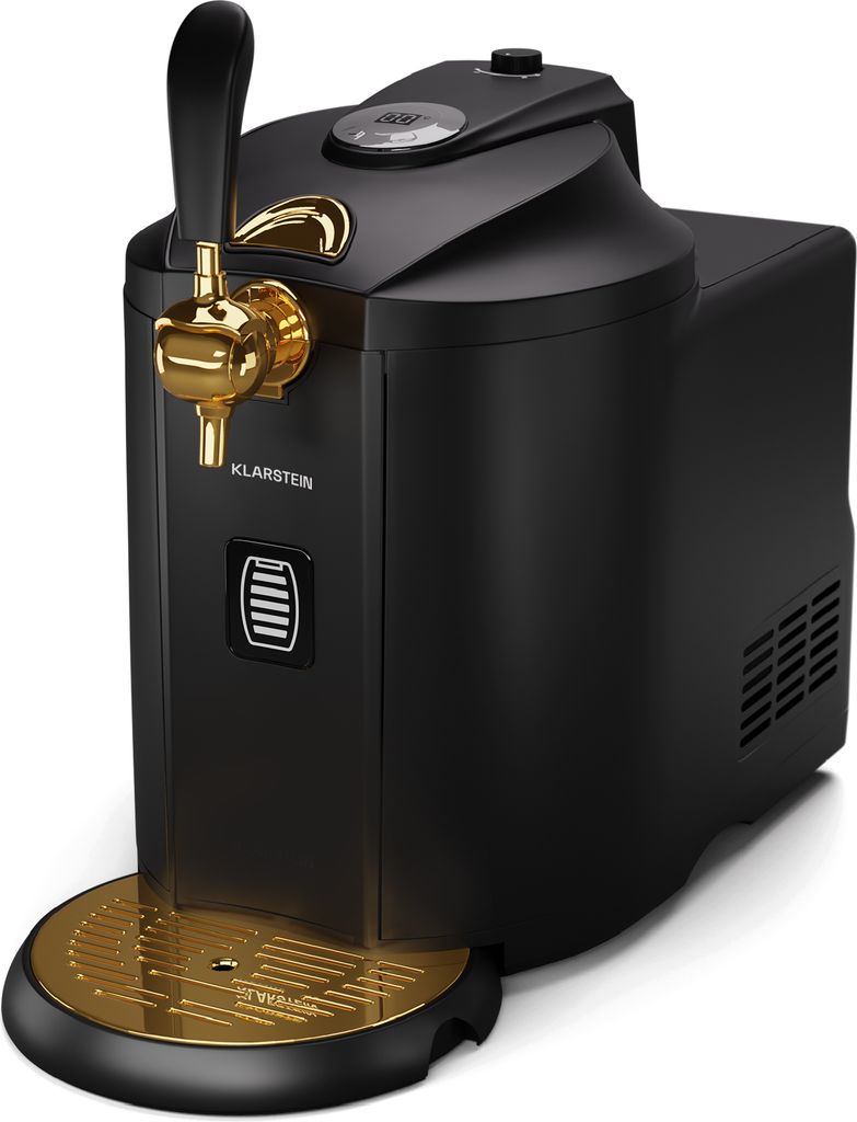 A black and gold beer dispenser with a tap and drip tray.