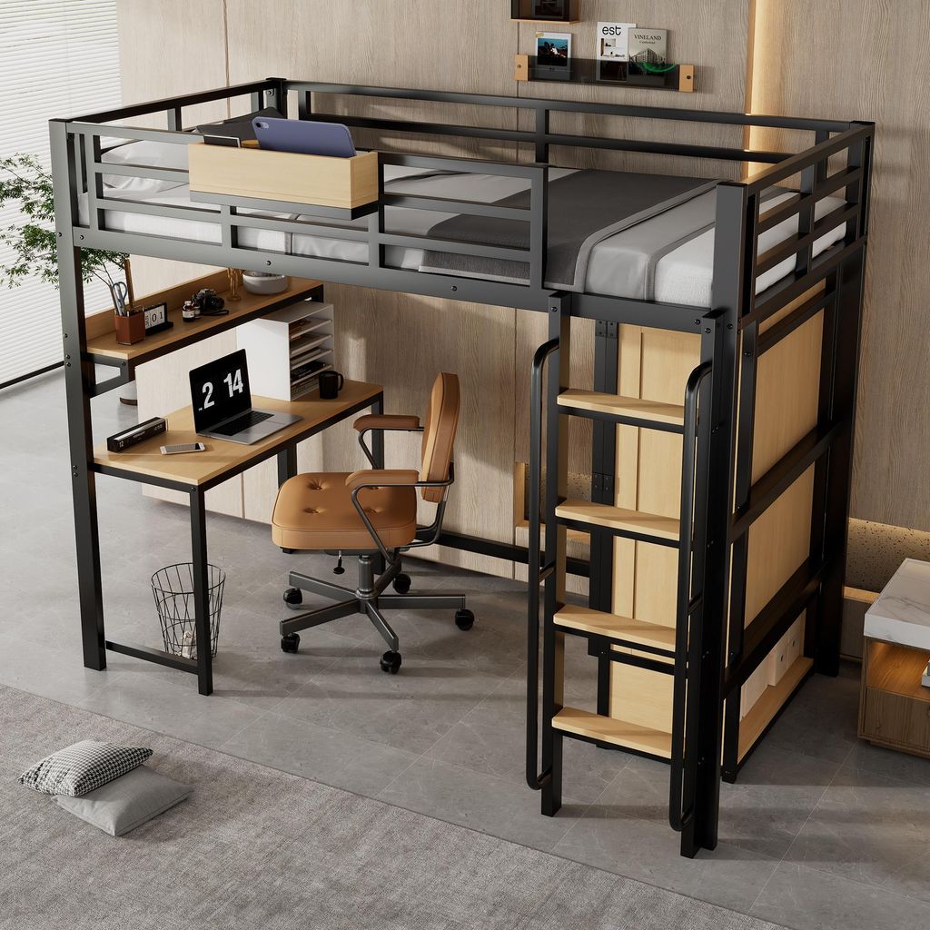 okwish Hochbett 90x200 Eisenbett ohne Matratze,Metallbett Jugendbett mit Doppeltür-Kleiderschrank und Schreibtisch,Bettgestell mit Aufbewahrungsre...