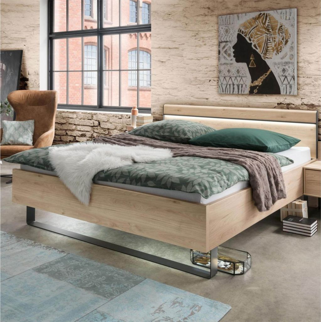 WIEMANN Bettgestell Brüssel Metallkufe LED Steineiche Nachbildung 140x220