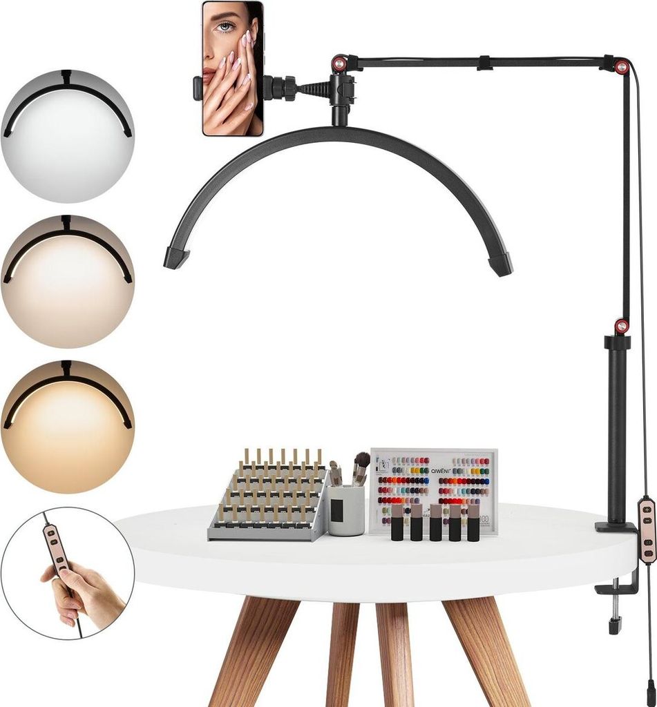 Nagel-Schreibtischleuchte 20 W Clip-On-Halbmond-Lash-Leuchte mit Handyhalterung, gewölbte LED