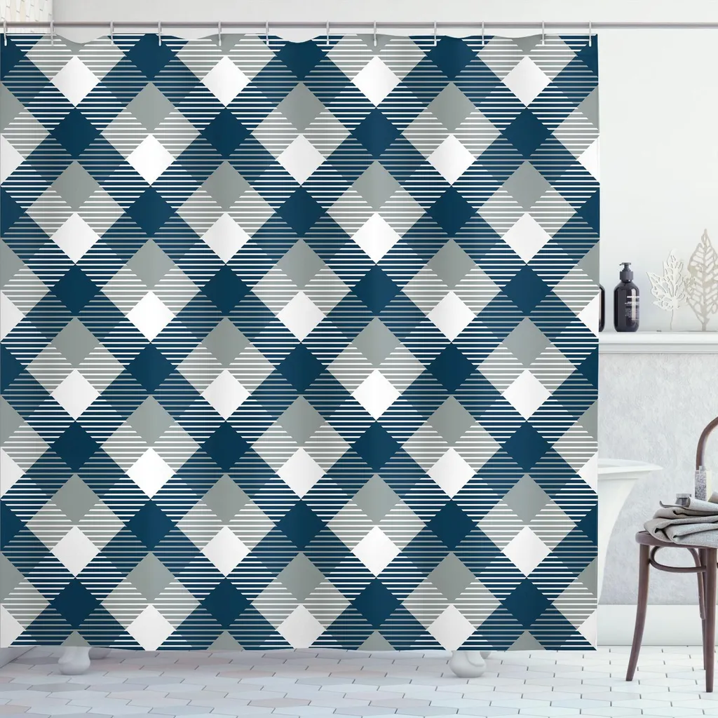 ABAKUHAUS Tenda da doccia marina, tartan astratto geometrico classico a quadrati con motivo scozzese, 175 x 200 cm, grigio chiaro bianco blu scuro