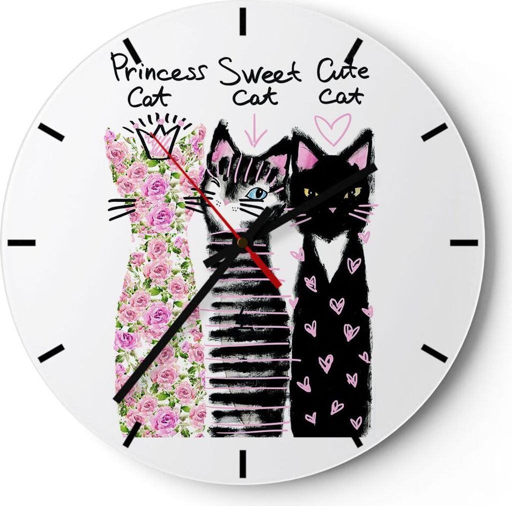 Wanduhr - Rund - Glasuhr - Katzen Blumen Tiere - 30x30cm - Schleichendes Uhrwerk - Lautlos - zum Aufhängen bereit - Dekoration Modern - Wanddekora...